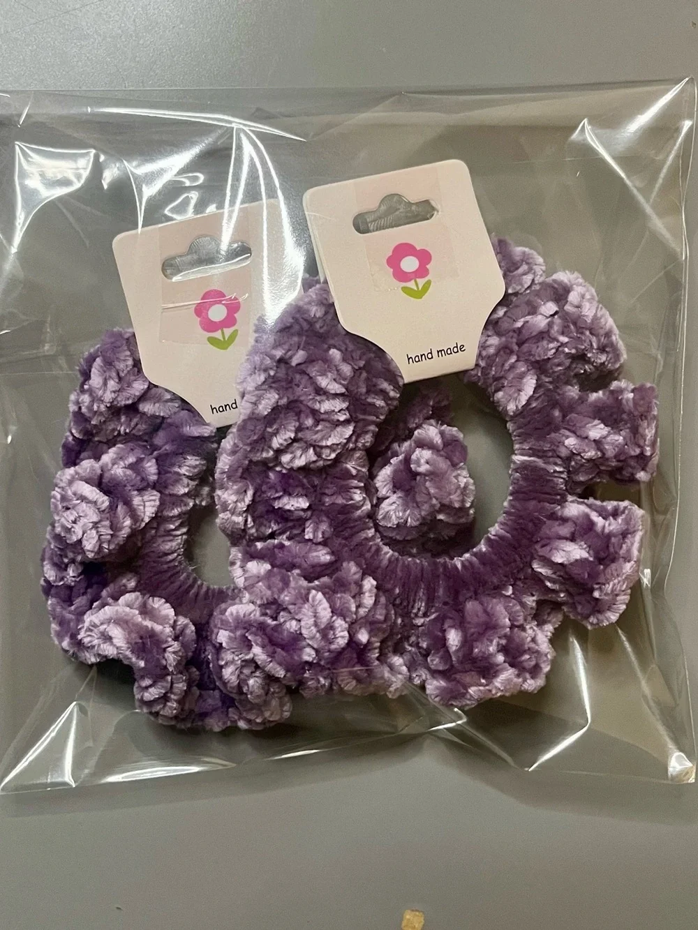 Set of 2 Purple Velvet Crochet Scrunchies Handmade NWT Chenille Hair Ties